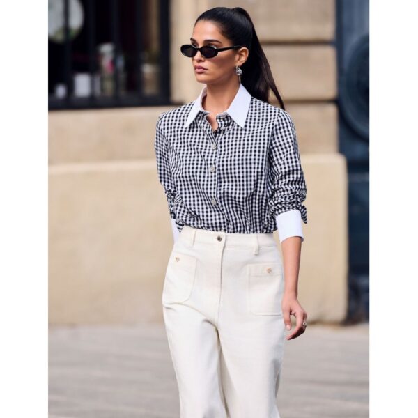 Camisa morgan cuadro vichy blanco y negro cuello contraste con botones joya mod. cvichy