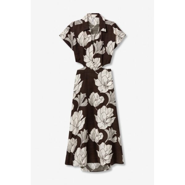 Vestido tiffosi midi estampado marrón y beige cuerpo camisero y escote cut crush en espalda mod. corneto